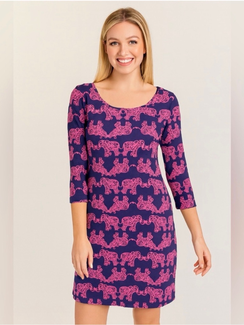 Lilly Pulitzer Navy Pink Elephant Print Pima Cotton Dress Large